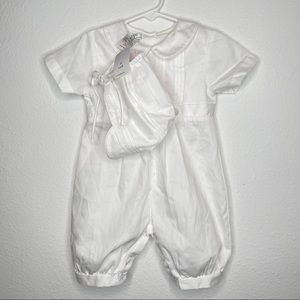 New petit ami white christening knicker romper bonnet set Sz 18 mo baptism